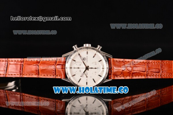 Tag Heuer Carrera Calibre 1887 Automatic Chrono Swiss Valjoux 7750 Automatic Steel Case with White Dial Brown Leather Strap and Silver Stick Markers - Click Image to Close